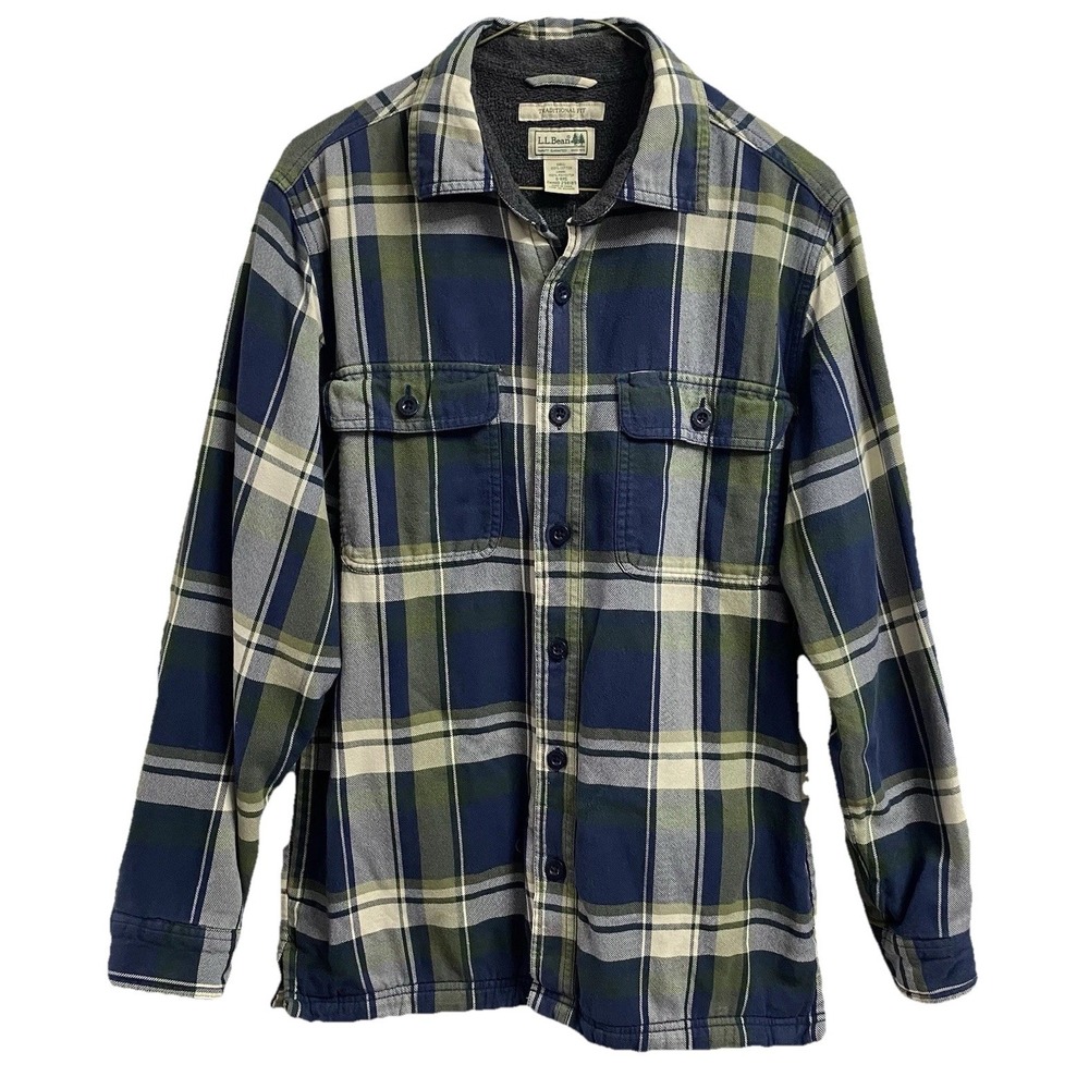 LL Bean Men's Flannel Shirt Jacket Blue & Green Plaid Heavy Fleece Lined Sz.S